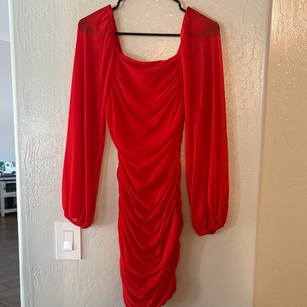 Amazon Red Long-Sleeve Ruched Bodycon Dress